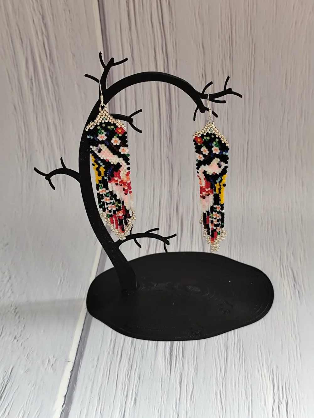 Handmade Multicolor Beaded Fringe Earrings — Bird Motif